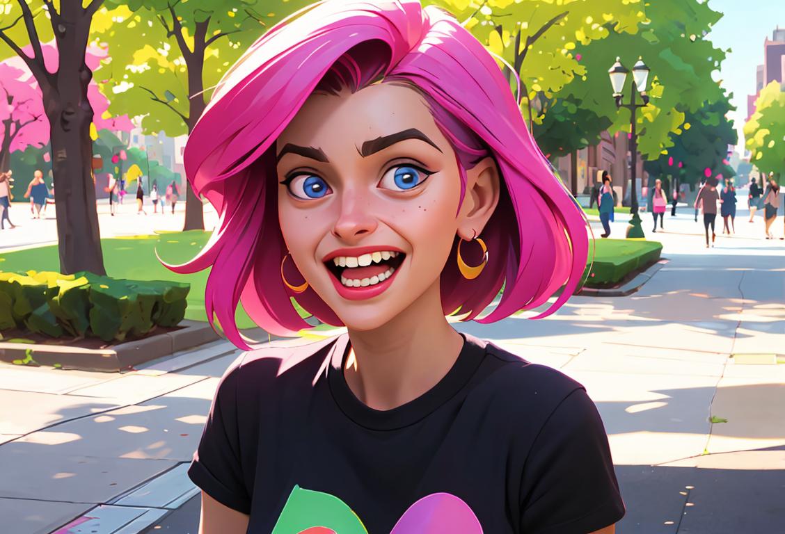 Young woman laughing uncontrollably, wearing a colorful T-shirt, trendy street fashion, city park setting..