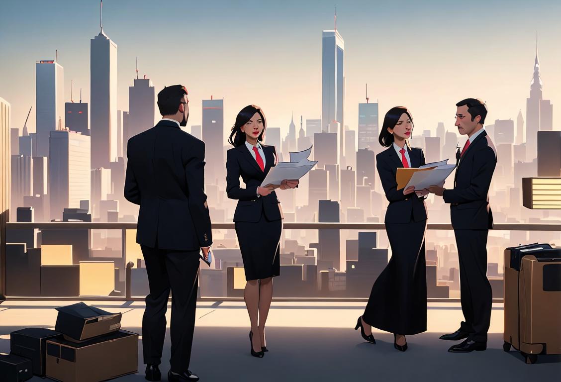 A group of diverse individuals in business attire, holding financial documents, against a backdrop of a bustling city skyline..