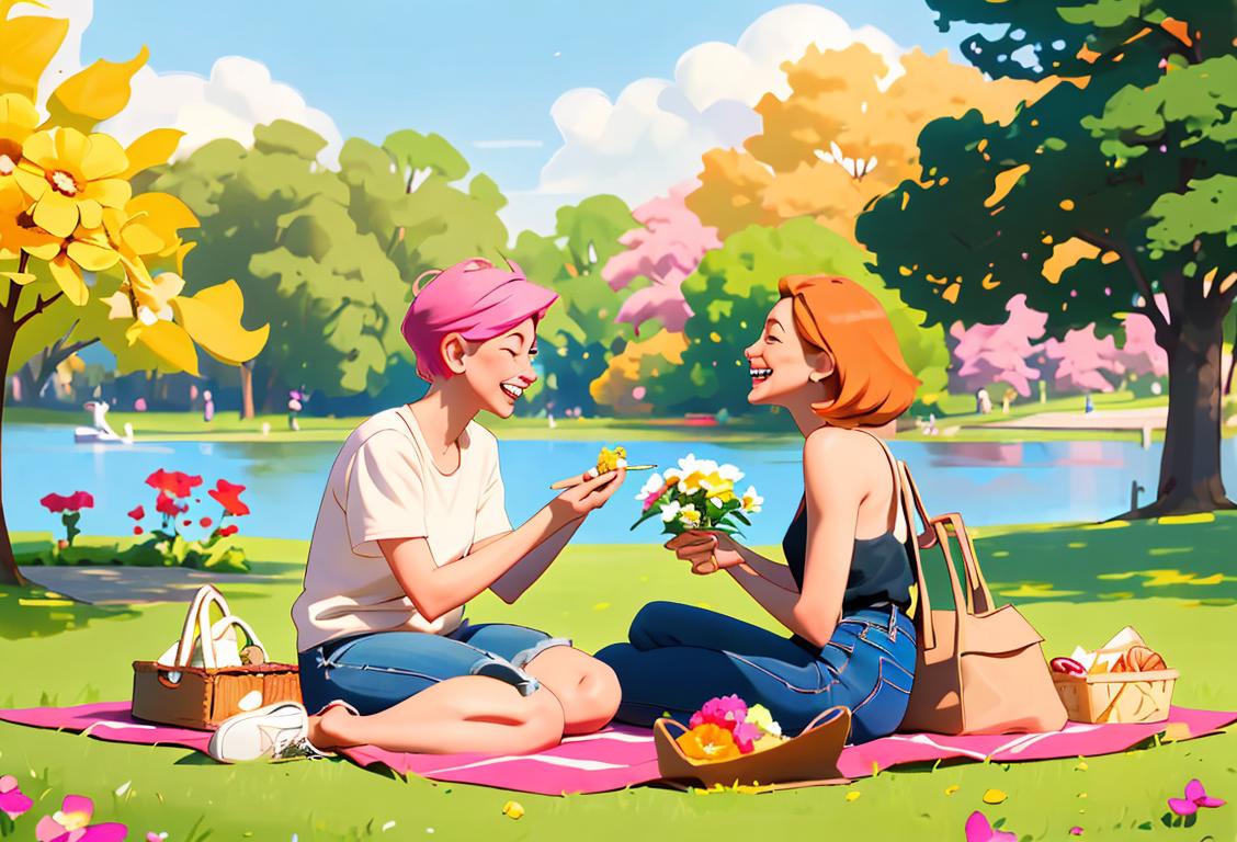 A wholesome image of a couple enjoying a picnic in a park, wearing casual and comfortable clothing. They are smiling and laughing, showing their strong bond and communication. The scene features a beautiful sunny day with colorful flowers and a serene lake in the background..