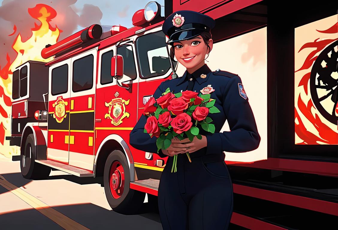 Smiling first responder in uniform, holding a bouquet of roses, standing in front of a fire engine..