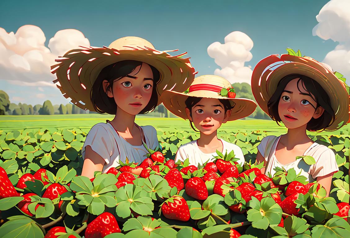 A family of strawberry pickers wearing straw hats, surrounded by luscious green fields and rows of ripe strawberries..