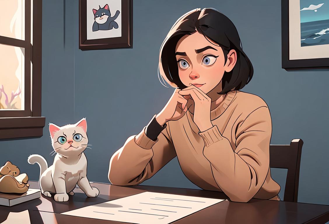 A person scrolling through their social media feed, hesitating to click the 'unfollow' button amidst a sea of posts about food, workouts, and cute cat videos. The person is wearing casual clothing, sitting at a desk in a cozy home office..