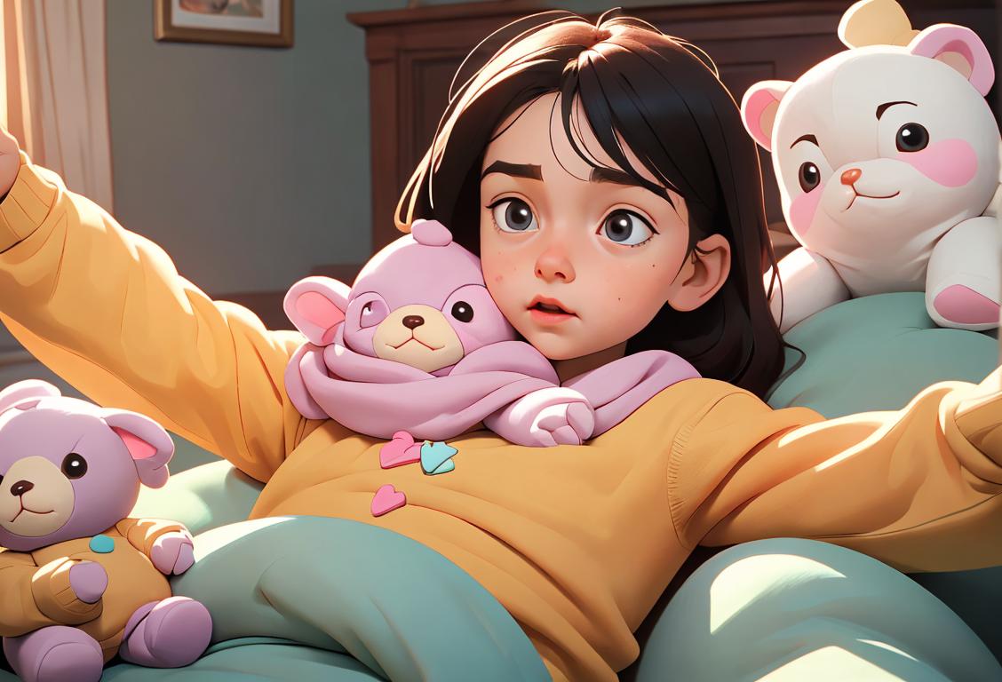 Young child with outstretched arms, wearing a cozy sweater, surrounded by stuffed animals in a whimsical, cuddly setting..