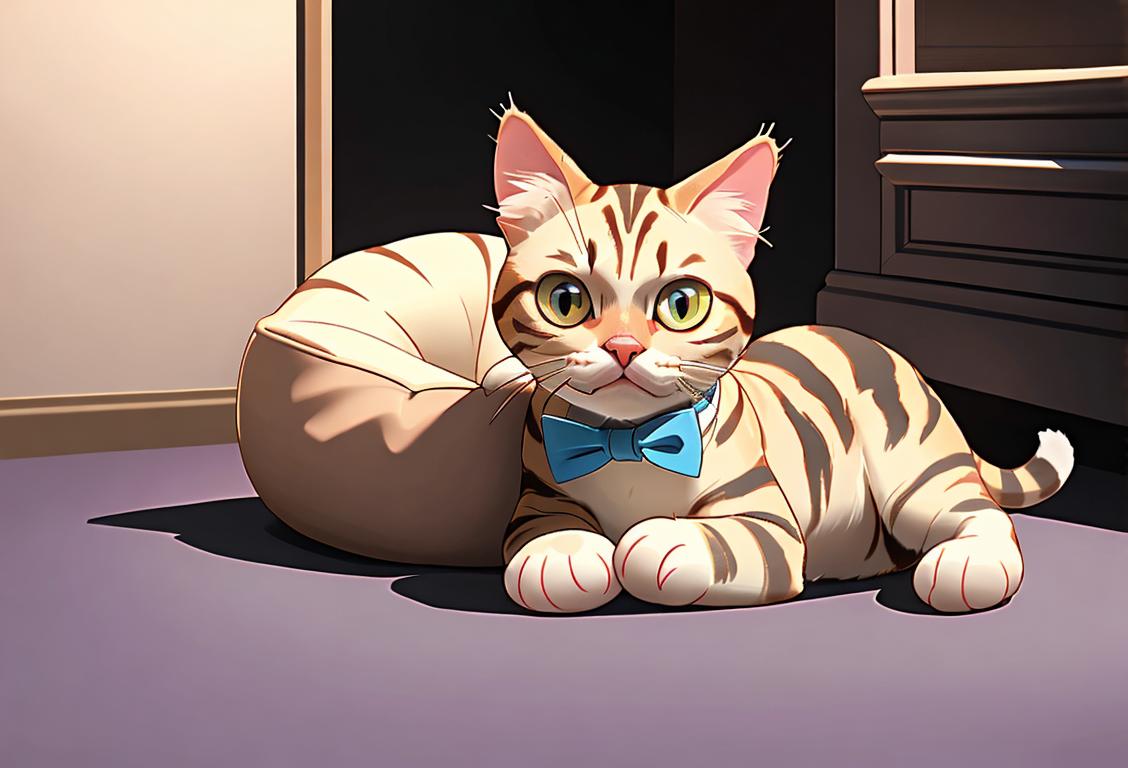 Adorable tabby cat sitting on a cozy cushion, wearing a cute bowtie, surrounded by a collection of catnip toys..