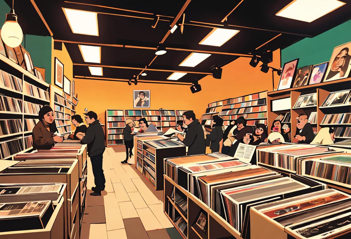 A group of diverse music lovers browsing through stacks of vinyl records, representing the warm and vibrant atmosphere of a bustling record store..