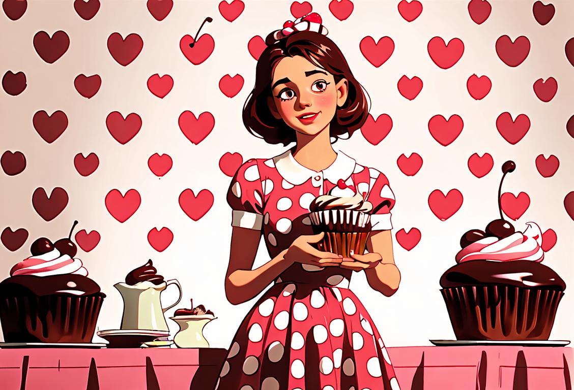 Delight in the sight of a young girl holding a chocolate cupcake with a cherry on top, wearing a polka dot dress, vintage kitchen backdrop..
