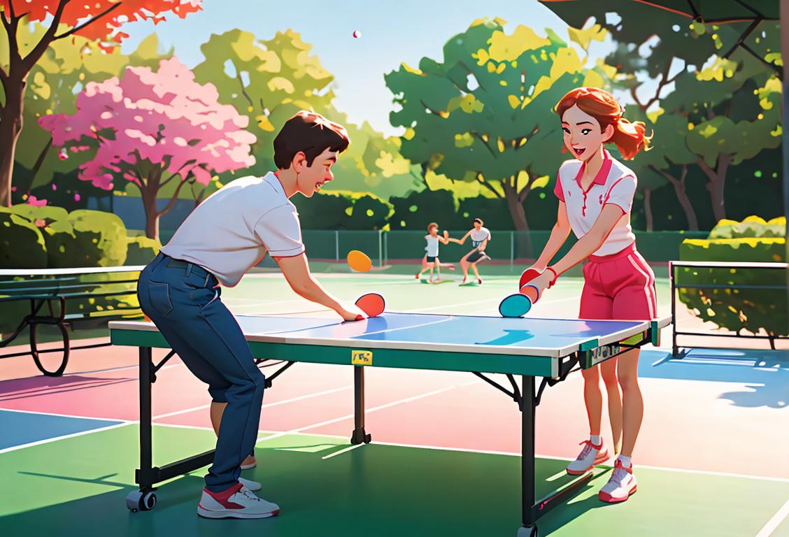 Young couple wearing matching pt-themed outfits, playing a game of table tennis in a colorful park setting.