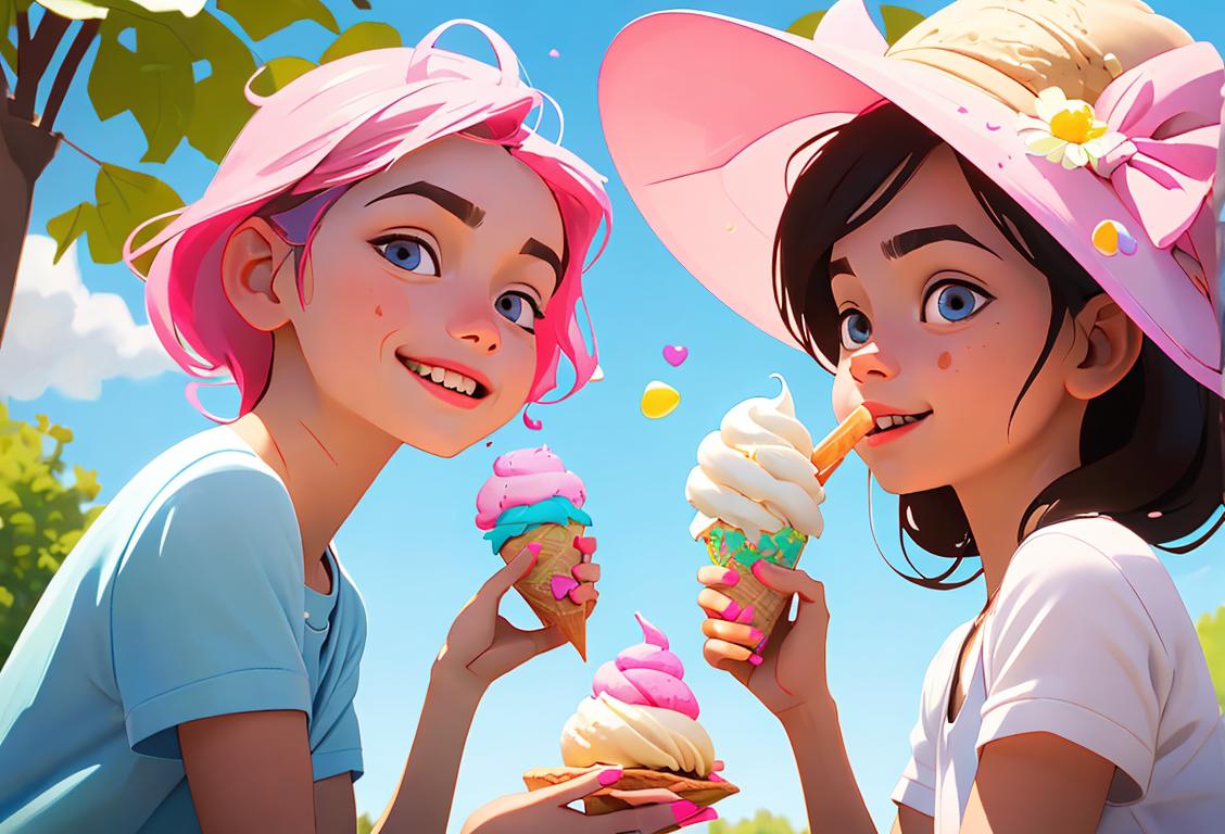 Happy kids enjoying ice cream cones outdoors, wearing colorful summer clothes, in a sunny park setting..