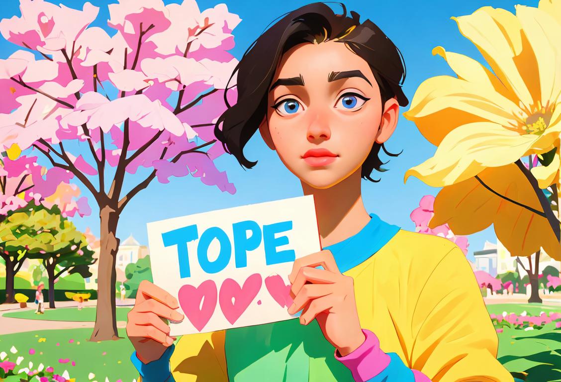 Young person holding a hopeful sign, wearing a colorful outfit, in a sunny park surrounded by blooming flowers..