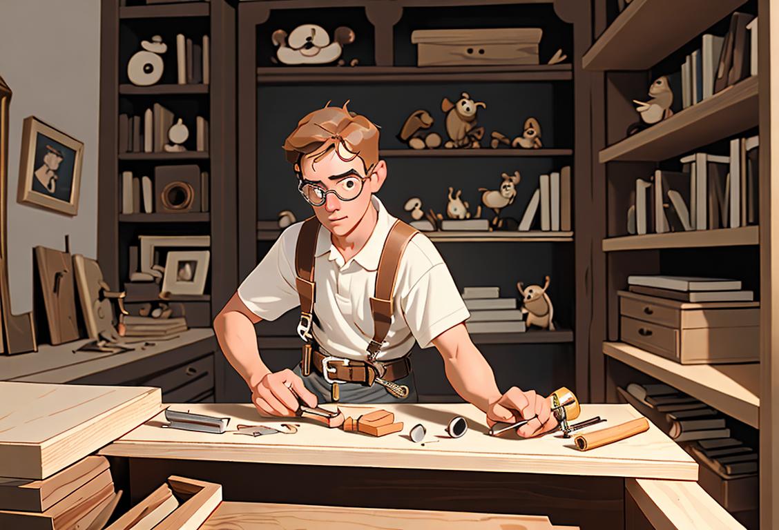 A skilled carpenter, wearing a tool belt and safety goggles, confidently using a power drill to create a beautifully crafted wooden bookshelf, surrounded by stacks of books and cherished items that will find their new home on the shelves..