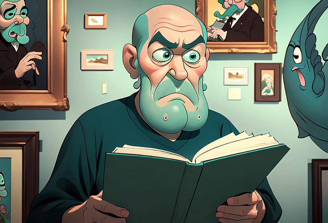 Middle-aged man, in a teal sweater, reading a book, in an art gallery, surrounded by clarinets and paintings of grumpy but lovable sea creatures..