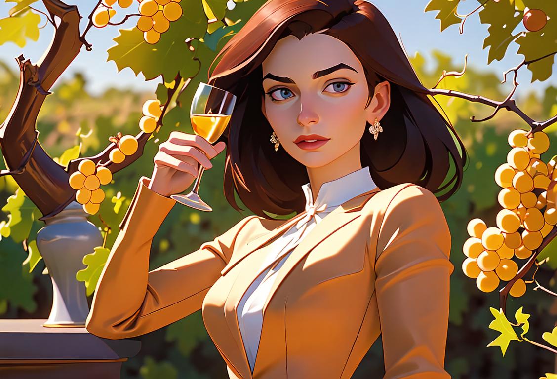 Elegant woman holding a snifter glass, in a French vineyard, dressed in a chic outfit, surrounded by grapevines..