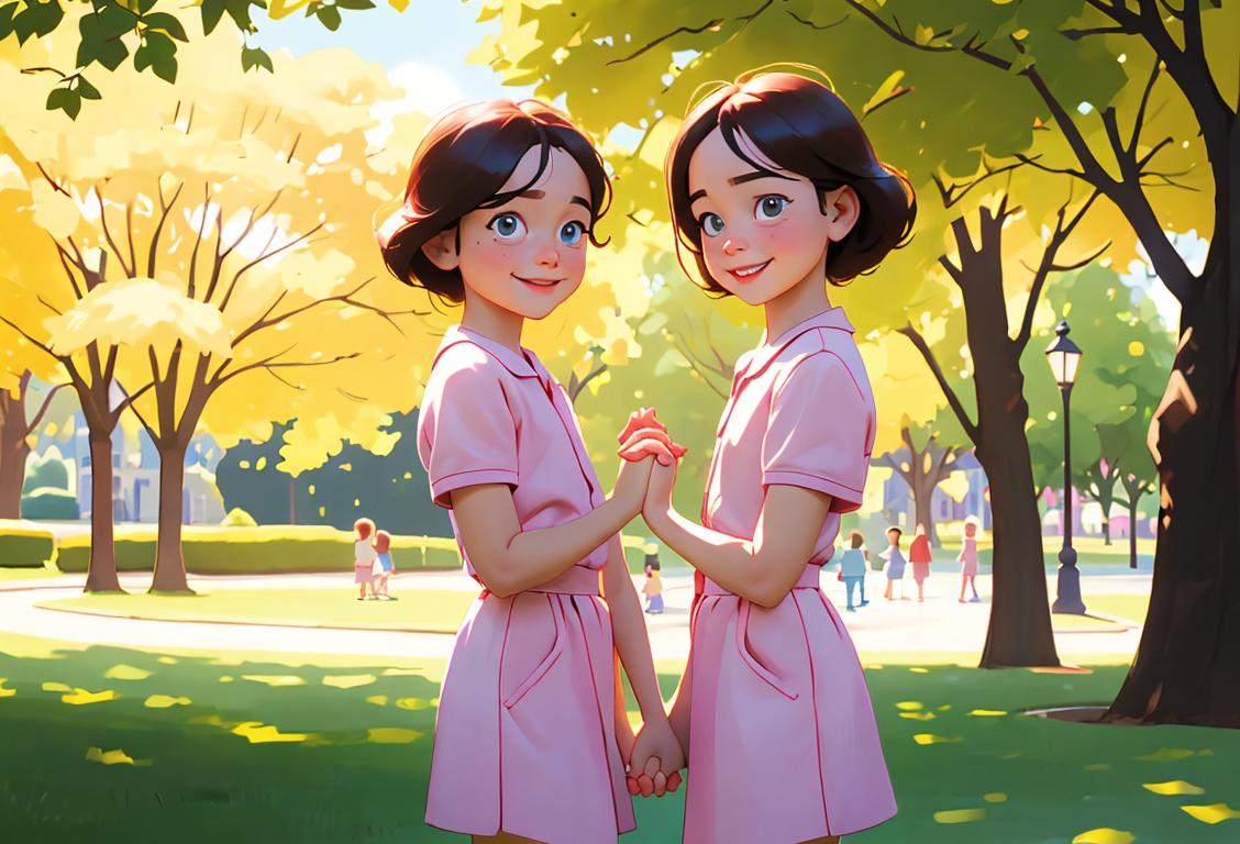 Two adorable identical children dressed in matching outfits, holding hands and smiling in a sunny park..