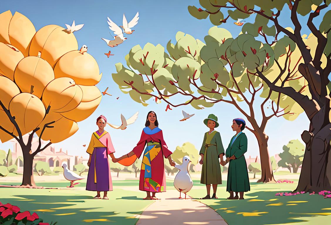 A group of people standing in a circle, holding hands and smiling, dressed in colorful and diverse outfits that represent different cultures. They are surrounded by symbols of peace and unity, like doves and olive branches. The scene is set in a park, with a picnic blanket and baskets of delicious food in the background, symbolizing a joyful gathering to celebrate National Enemy Day and bridge the gaps between perceived enemies..