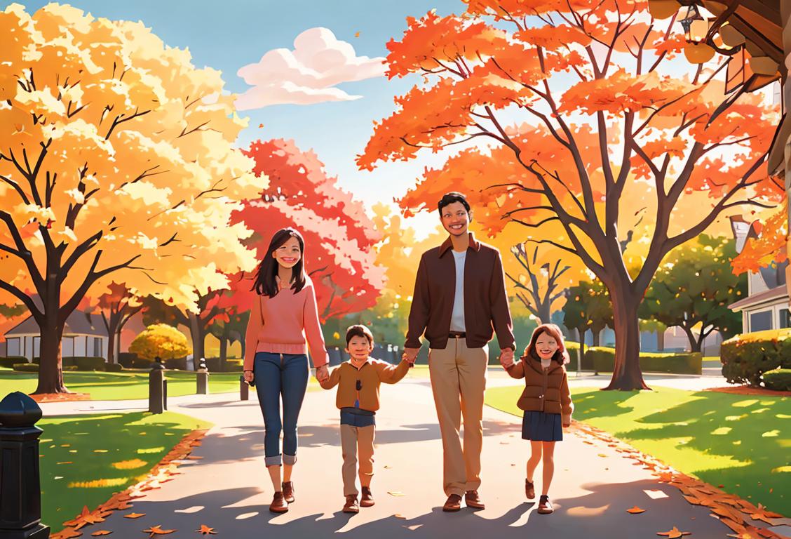 A blissful family of four, holding hands and smiling, dressed in casual attire, enjoying a picturesque park setting with autumn leaves..