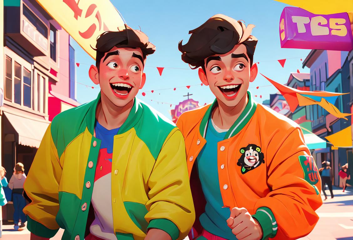Two best friends, arms linked and laughing, wearing matching varsity jackets and walking through a colorful street festival..