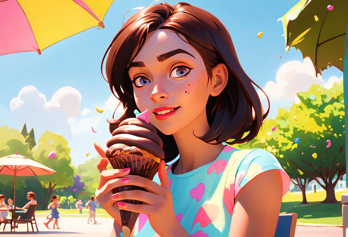 Young girl happily holding a chocolate ice cream cone, colorful sprinkles on top, wearing a summer dress,  sunny park setting..