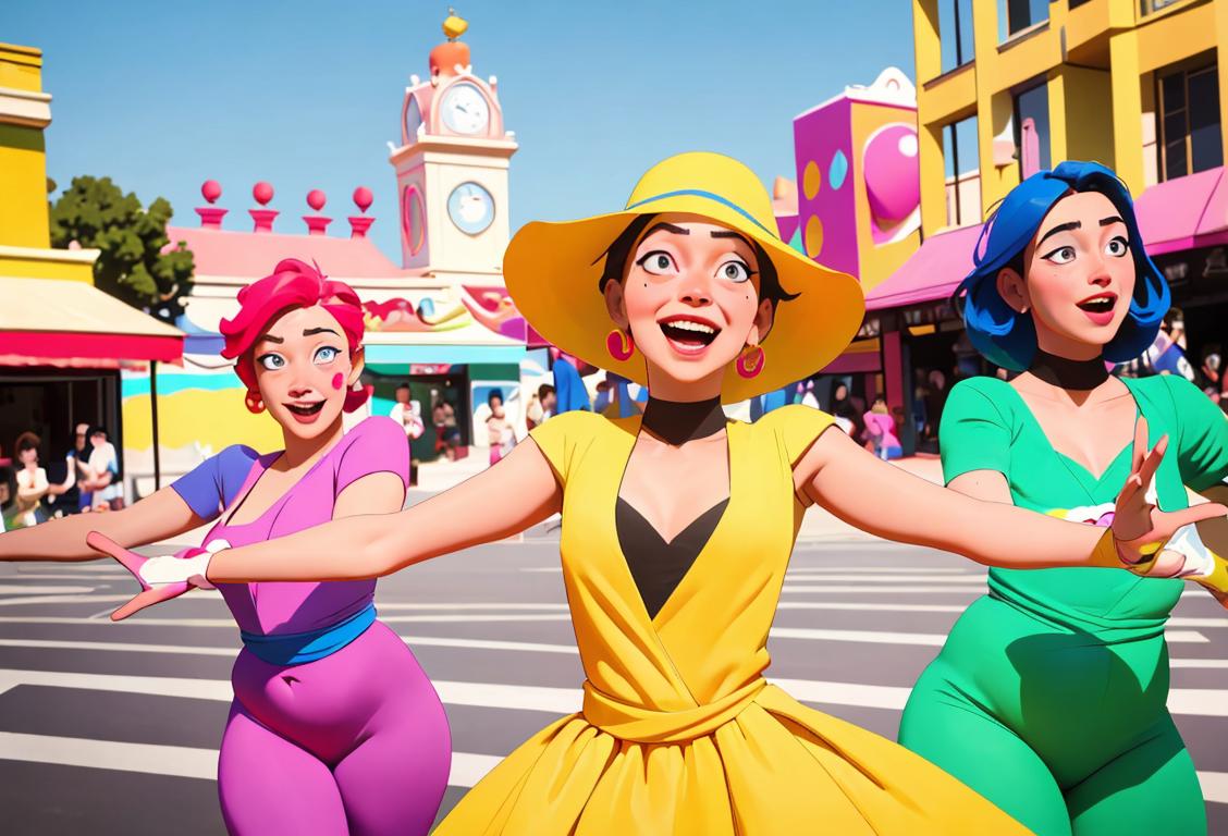 Cheerful group of people performing a variety of acts, dressed in colorful costumes, against a vibrant city backdrop, capturing the essence of National Act Day!.