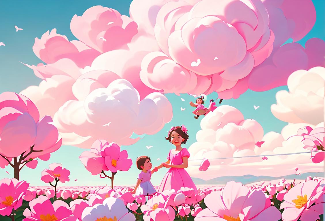 A joyful scene featuring people of all ages wearing various shades of pink, surrounded by blooming flowers and cotton candy clouds..