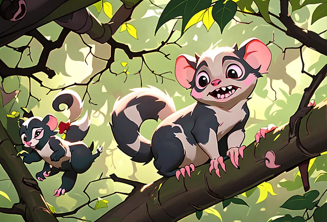 A cute opossum with its prehensile tail wrapped around a tree branch, set against a backdrop of a vibrant forest scene with colorful leaves falling gently around it. The opossum has a playful expression on its face, showcasing its 50 sharp teeth and radiating charm and curiosity. The image captures the essence of National Opossum Day, highlighting the beauty and unique features of these misunderstood marsupials..