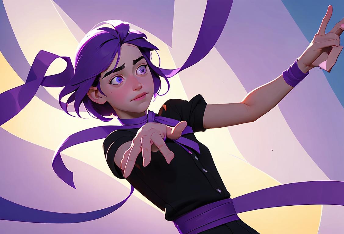 Young person with supportive hand reaching out, wearing a purple ribbon, uplifting background scene of hope and solidarity..