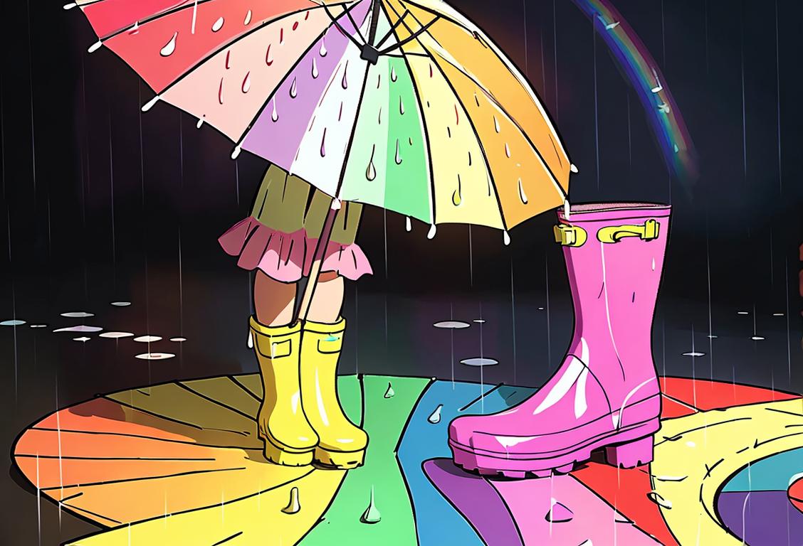 Illustration of a person with colorful rain boots, holding a polka dot umbrella, surrounded by raindrops and a rainbow in the background..
