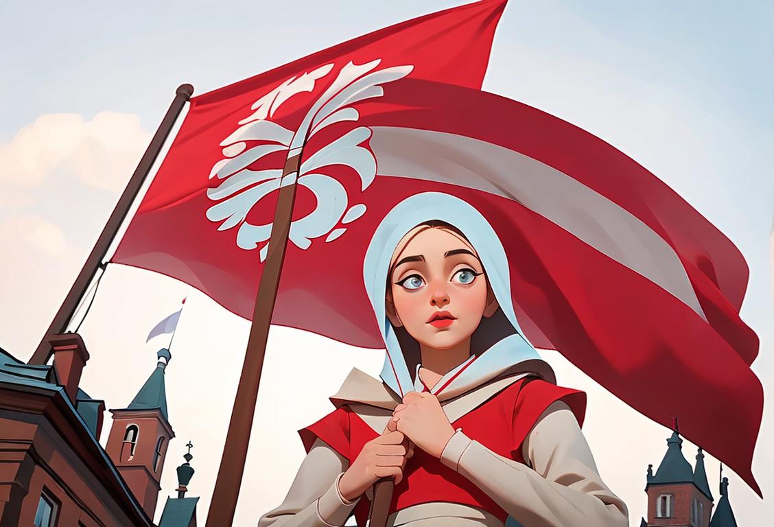 Young woman holding the flag of Poland, wearing traditional Polish attire, in a vibrant Polish cityscape..