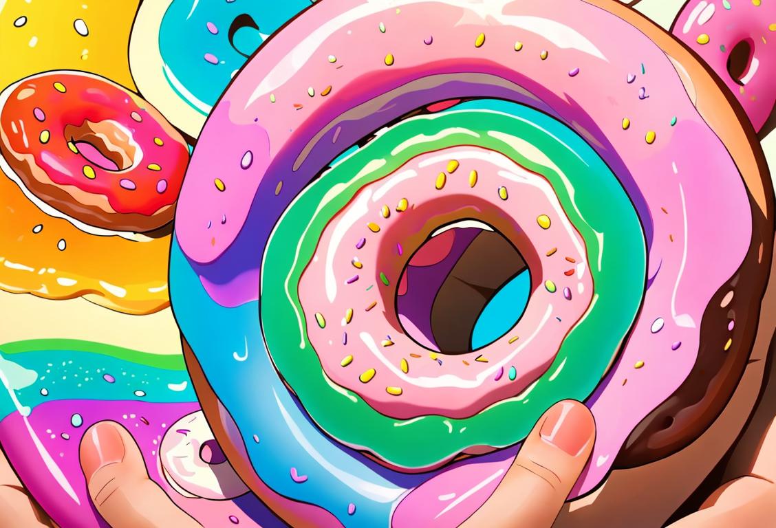 Close-up of a jelly-filled doughnut with a colorful glaze, adorned with rainbow sprinkles. A happy child in a sunny park, dressed in casual summer clothing, reaching out to grab the doughnut..
