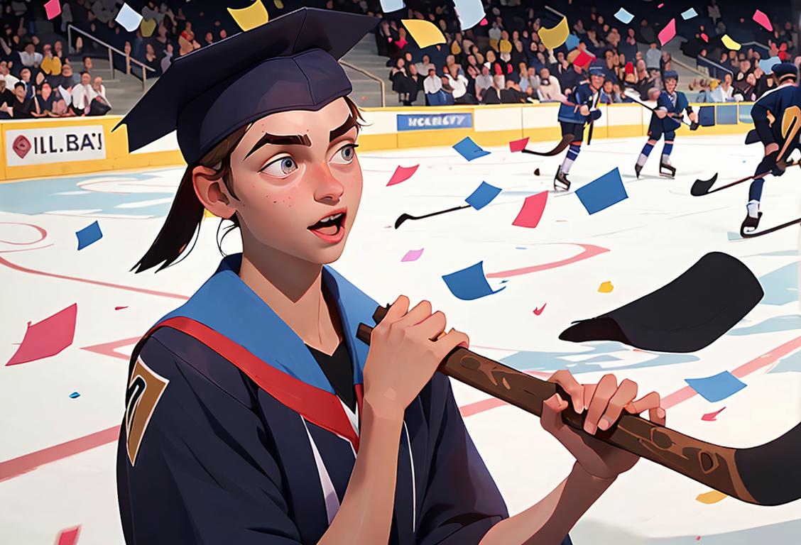 Young hockey player in graduation gown and cap, holding a hockey stick, with a backdrop of cheering fans and confetti..
