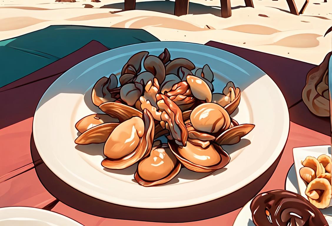 A cheerful person enjoying fried clams, eating a plate of beans, and savoring a chocolate wafer. They are dressed in casual attire, sitting at a picnic table in a sunny beachside setting..