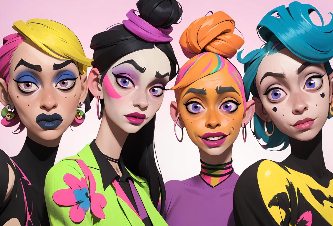 A group of diverse individuals with unique features and styles celebrating National Ugly Day. Some individuals may have crooked smiles, colorful hairstyles, mismatched outfits, funky accessories, and unconventional makeup choices. They are gathered in a vibrant setting that represents the diversity and acceptance of different appearances and personalities..