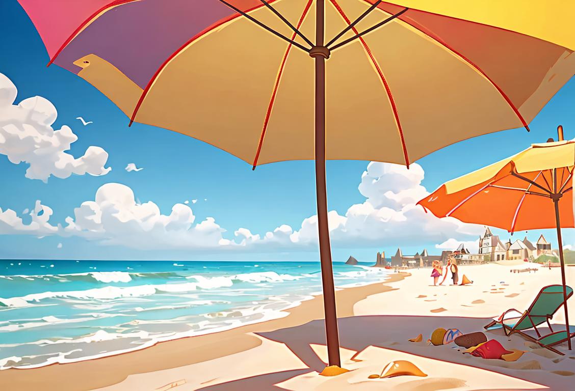 Happy family building sandcastles on a sunny beach, wearing colorful swimsuits, beach umbrella in the background..
