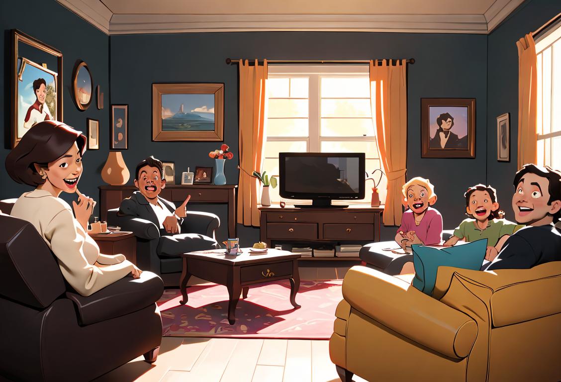 A diverse group of people laughing and enjoying a variety of TV shows, representing the many genres and eras of television, in a cozy living room setting..