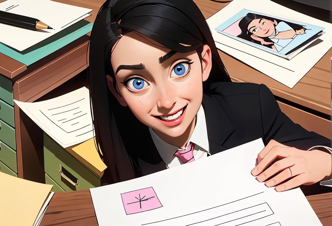 Cheerful administrative assistant at a desk, wearing professional attire, surrounded by office supplies and a sign celebrating National Administrative Assistant Day..