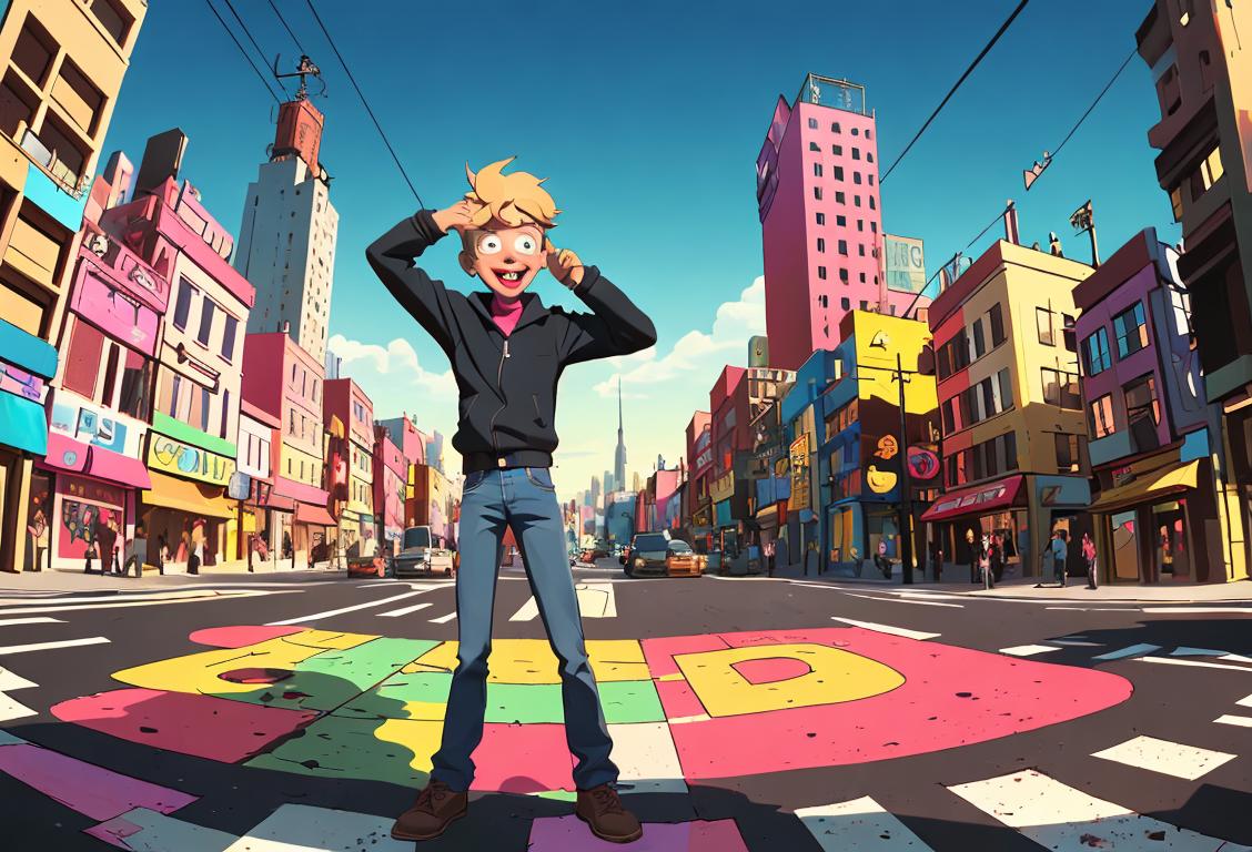 Happy person standing at a crossroad, holding a compass and scratching their head, surrounded by a colorful and chaotic cityscape..