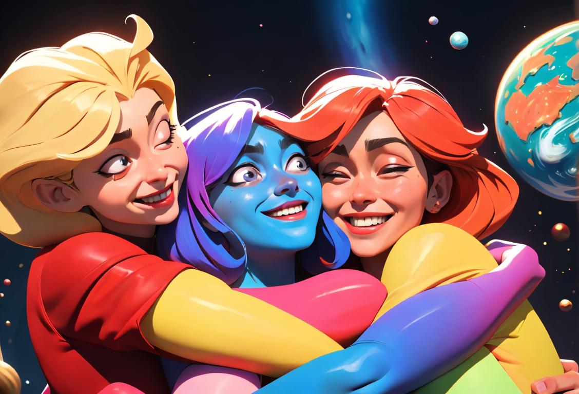 A diverse group of people dressed in various universes-themed costumes, hugging and smiling with joy in a colorful convention setting..
