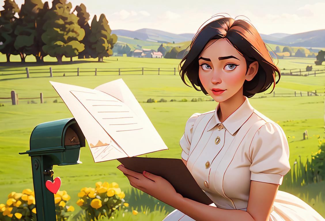 Young woman holding a love letter, wearing a vintage dress, classic rural backdrop with a mailbox..