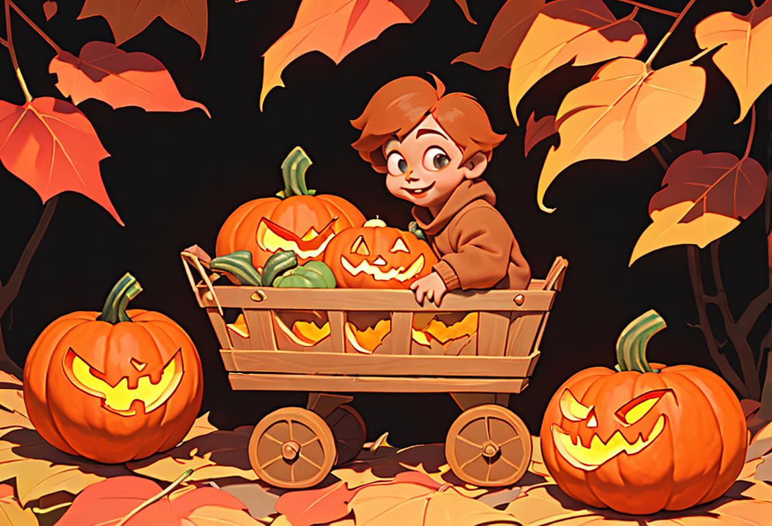 Happy pumpkin enthusiast wearing a cozy sweater, surrounded by colorful autumn leaves and carrying a basket of pumpkins..