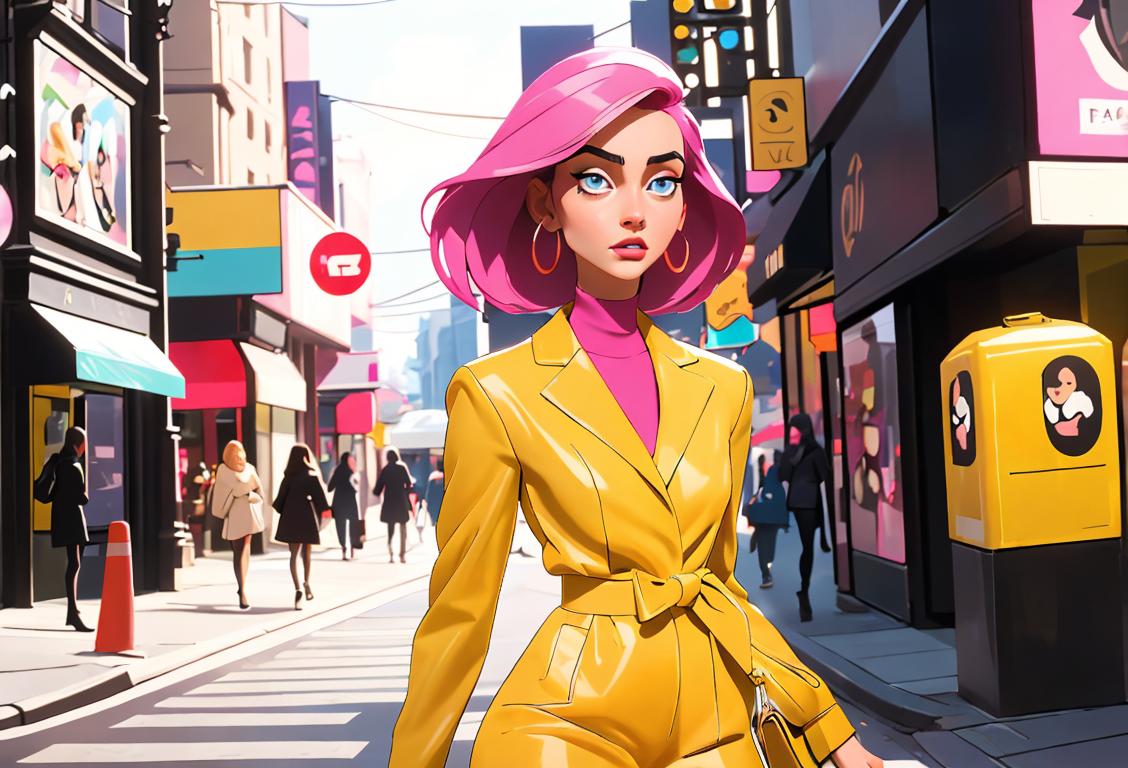 Young woman walking confidently down a bustling city street, wearing a statement outfit, bold colors, fashion-forward accessories..