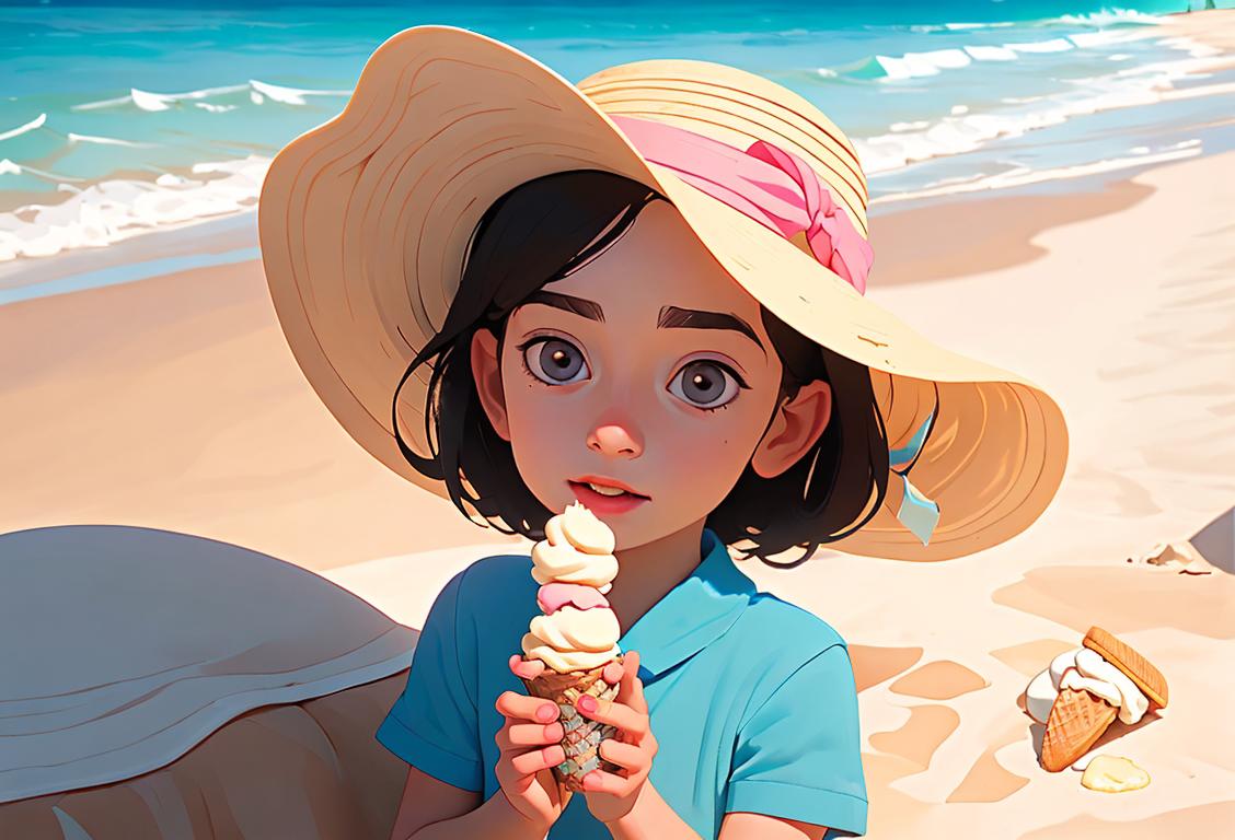 Young child enjoying an ice cream sandwich on a sunny beach, wearing a wide-brimmed hat, beach fashion, tropical vacation vibe..