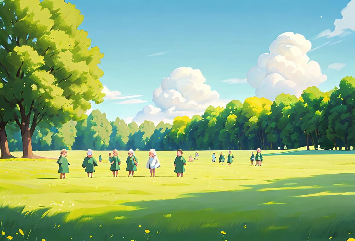 A group of diverse people standing on a green meadow, dressed in comfortable outdoor clothing, surrounded by fresh air and clear blue skies..