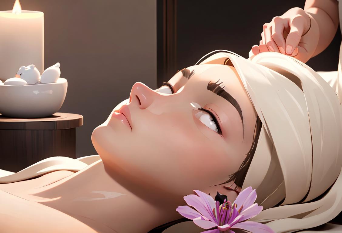 A person receiving a blissful massage, with soft lighting and relaxing spa environment. They are wearing a fluffy white robe and their face shows pure relaxation. The massage therapist is using aromatic oils, providing a soothing experience..