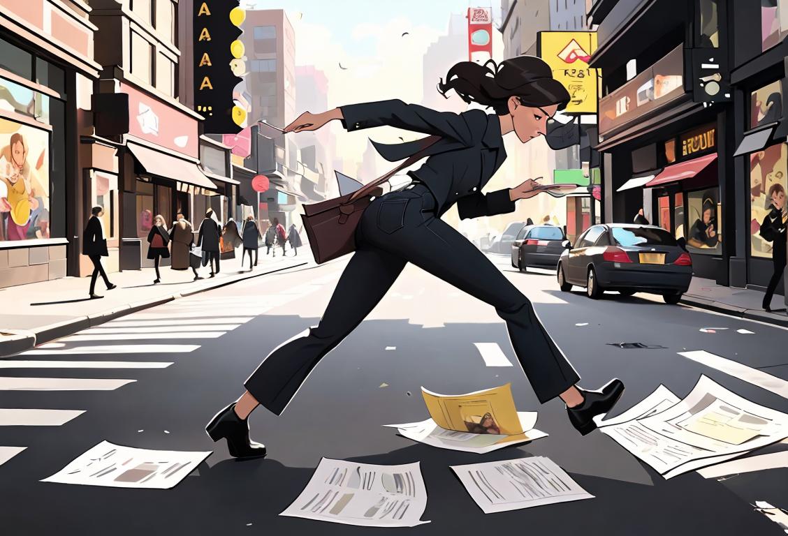 A person rushing in a stylish outfit, dropping papers everywhere in a bustling city street..