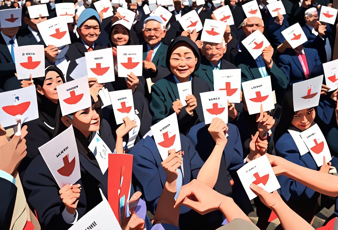 A diverse group of people standing in a line, holding up voting ballots with smiles on their faces, representing unity and participation in National Assembly Elections Day..