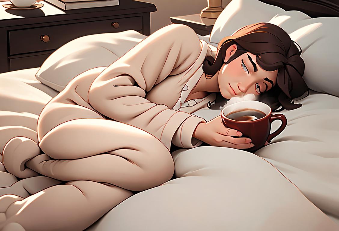 Cozy up in your bed with fluffy pillows and a warm blanket, surrounded by a sea of books, a steaming cup of coffee resting on a bedside table. Your attire includes comfy pajamas and fuzzy socks, creating the perfect environment to relax and unwind on National Stay in Bed Day..
