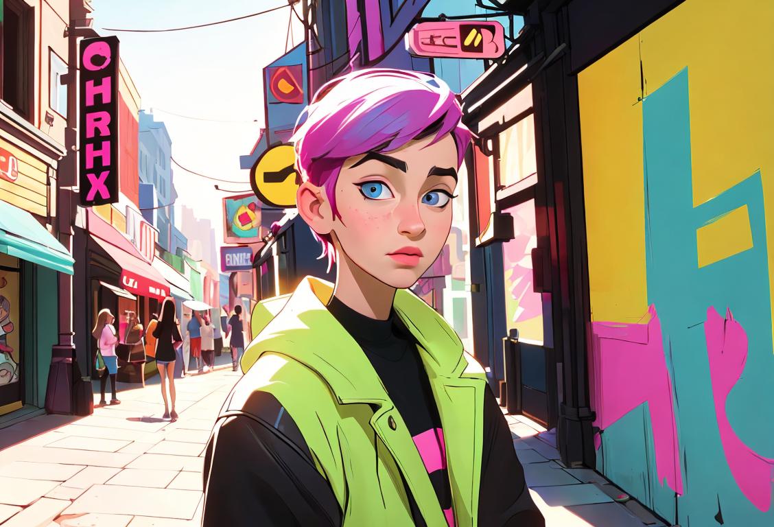 Young person with colorful checklist, wearing trendy clothes, urban city setting, surrounded by helpful reminders..