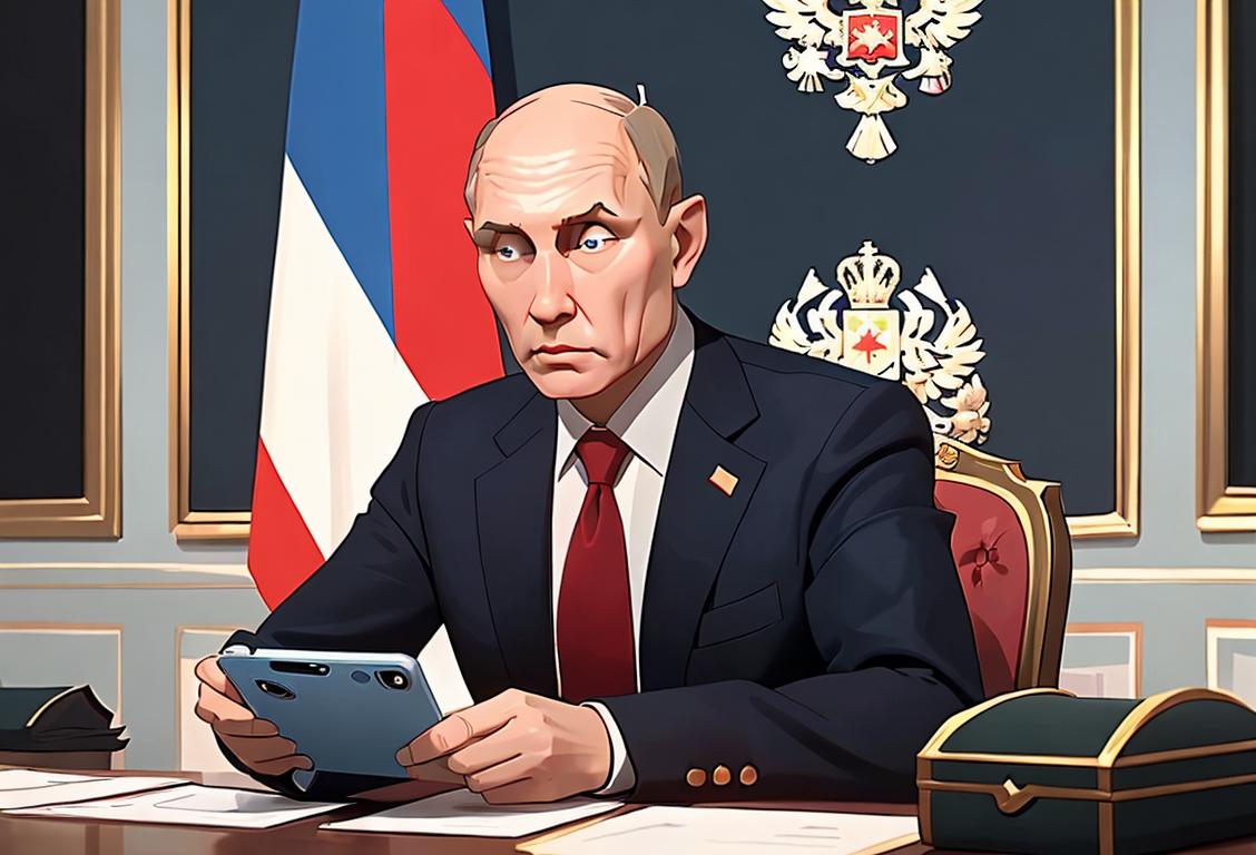 A national security adviser wearing a suit, holding a phone with the Russian flag wallpaper, surrounded by diplomatic documents..