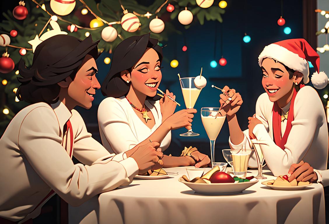 A joyful group of friends gathered around a table, raising glasses filled with coquito, wearing festive holiday attire, with twinkling lights in the background..