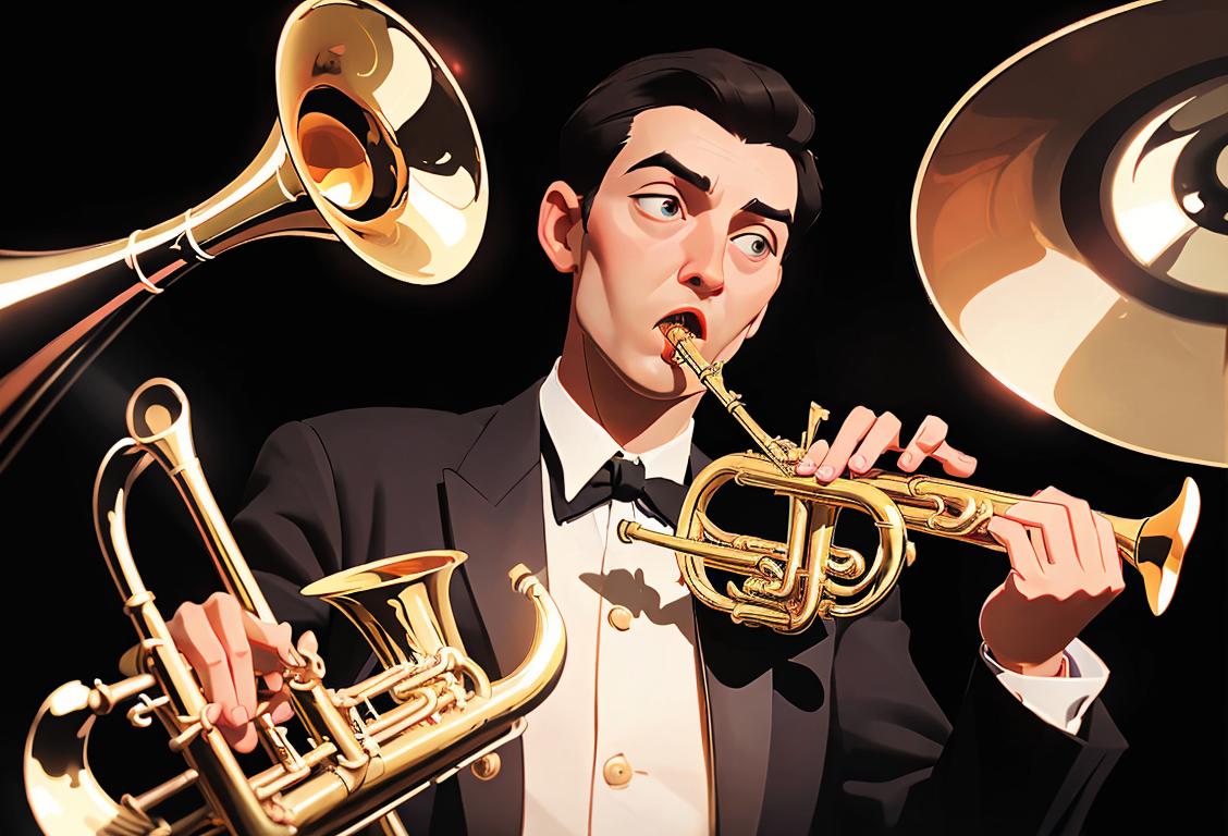 Passionate trumpeter playing a brass instrument with enthusiasm, wearing a stylish suit, jazz club setting, celebrating the glorious sound of National Trumpet Day.