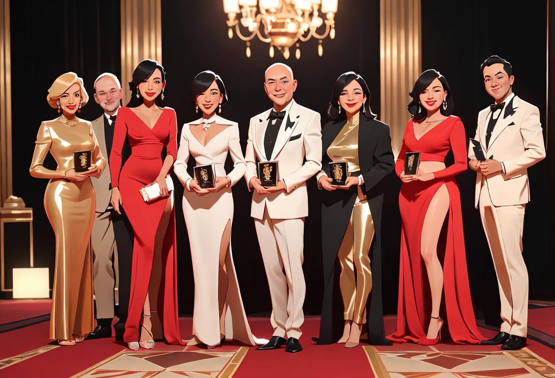 A diverse group of individuals, dressed in elegant attire, holding awards and flashing big smiles in a glamorous red carpet event..